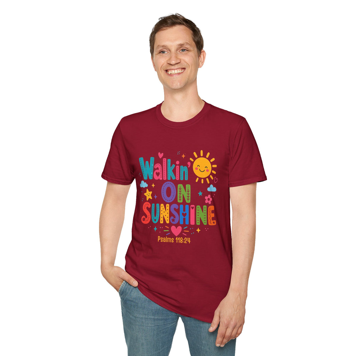 T-Shirt — "Walkin' on Sunshine" Bright Retro Sun Graphic Tee ‭‭Psalms‬ ‭118‬:‭24‬ ‭