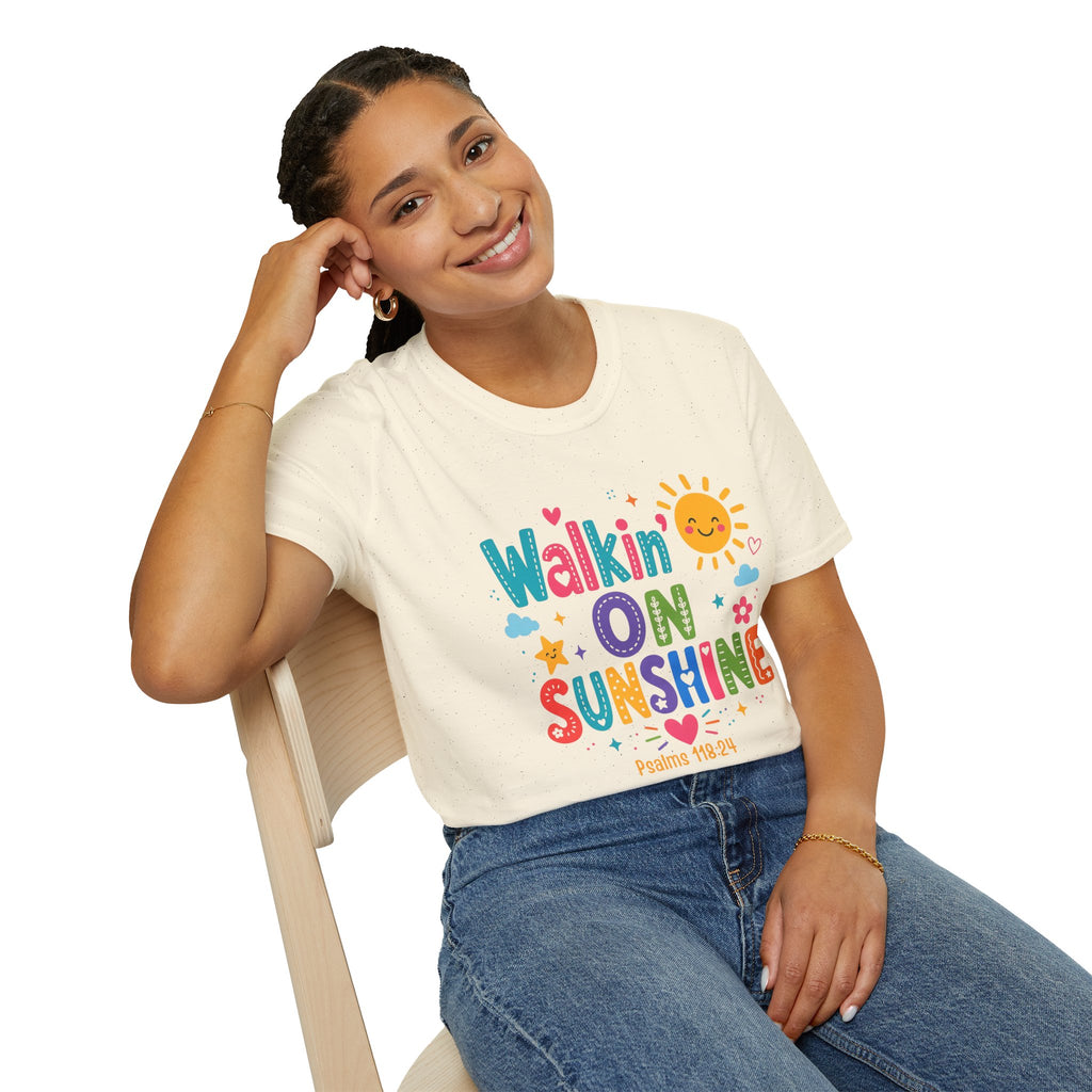 T-Shirt — "Walkin' on Sunshine" Bright Retro Sun Graphic Tee ‭‭Psalms‬ ‭118‬:‭24‬ ‭
