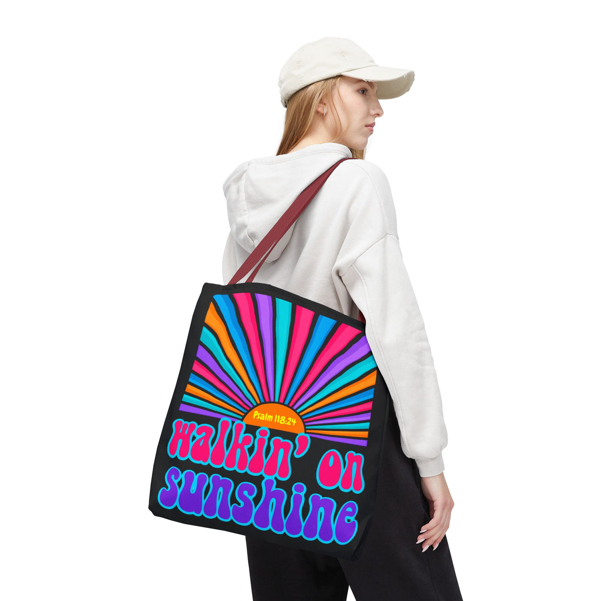 Lords Glory Sunrise Graphic Tote Bag — “Walkin' on Sunshine” Retro Psalm 118:24 Cotton AOP