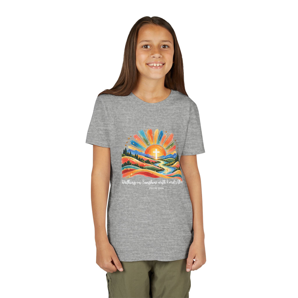 Youth Short Sleeve Tee – Walking On Sunshine with Lords Colorful Christian Sunrise Faith Shirt