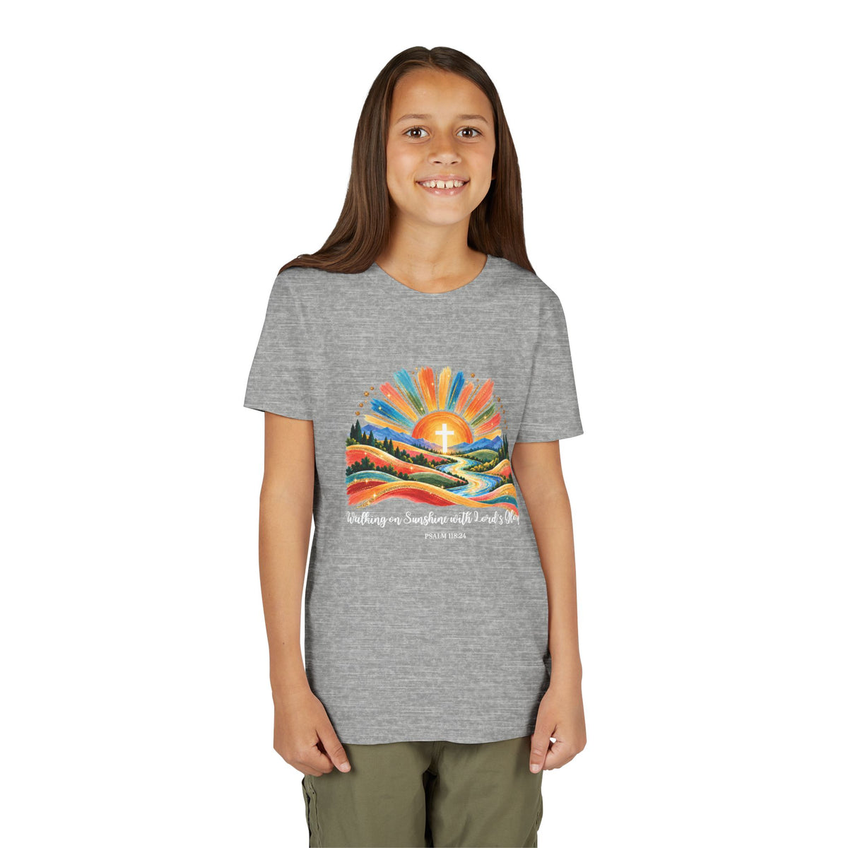 Youth Short Sleeve Tee – Walking On Sunshine with Lords Colorful Christian Sunrise Faith Shirt