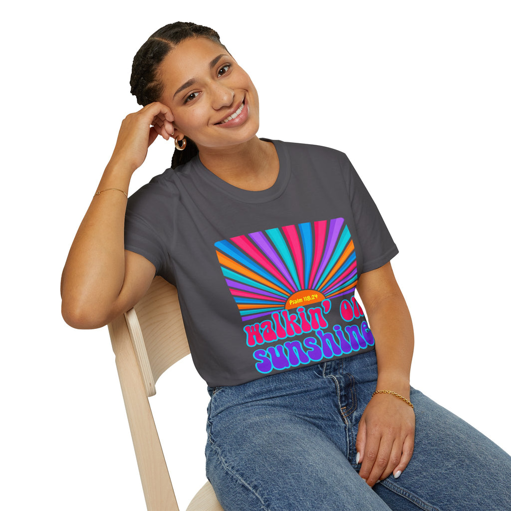 Walkin' On Sunshine Lords Glory with Lori Psalm 118:24 Retro T-Shirt — 70s Rainbow Sun Graphic Tee