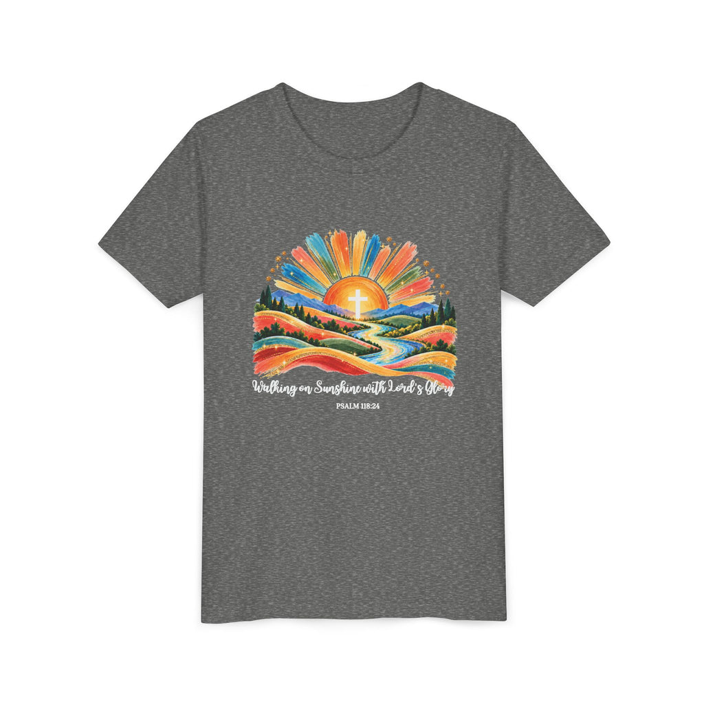 Youth Short Sleeve Tee – Walking On Sunshine with Lords Colorful Christian Sunrise Faith Shirt