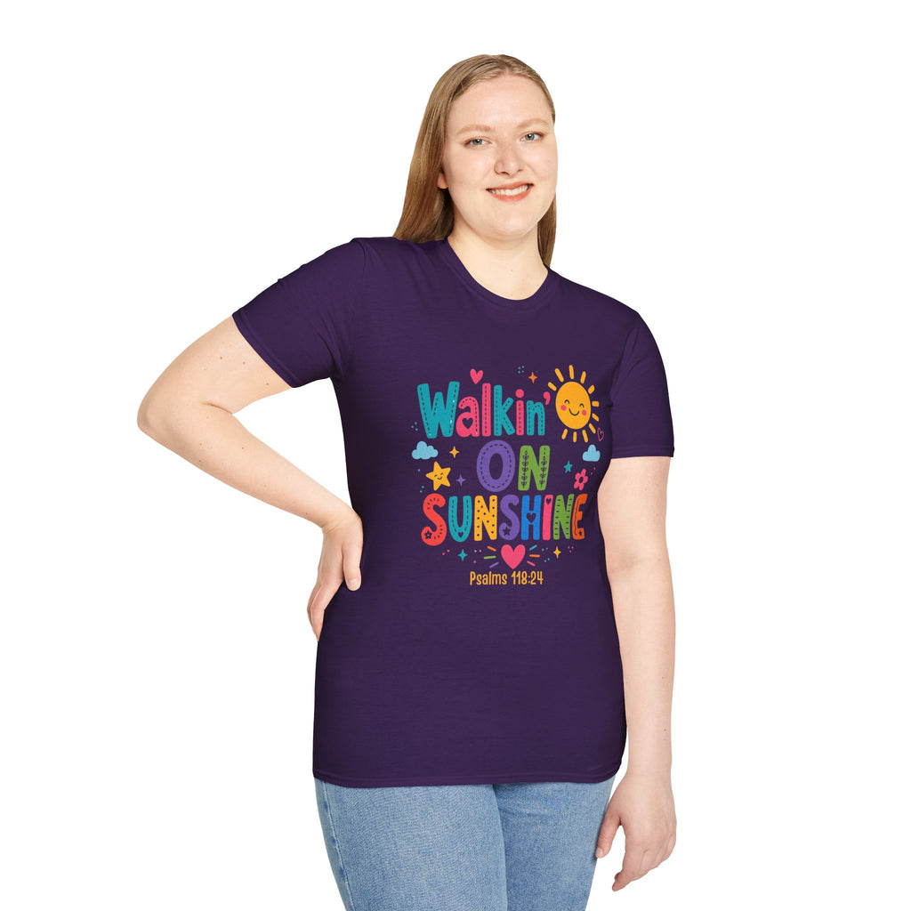 T-Shirt — "Walkin' on Sunshine" Bright Retro Sun Graphic Tee ‭‭Psalms‬ ‭118‬:‭24‬ ‭