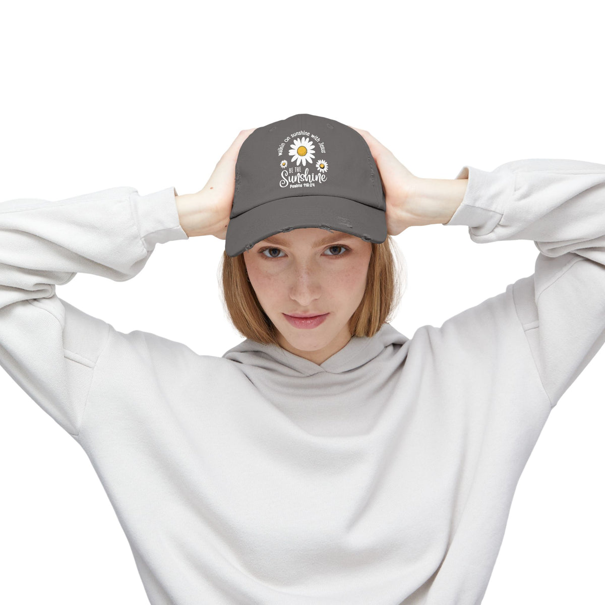 Walking on Sunshine Distressed Daisy Cap — "Be the Sunshine"  Mom and Dad Hat Psalms‬ ‭118‬:‭24