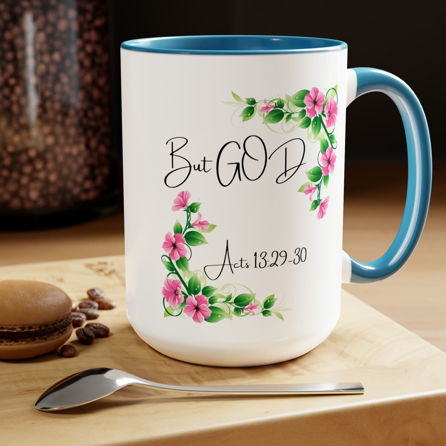 But GOD - Acts 13: 29-30 Two-Tone Coffee Mugs, 15oz