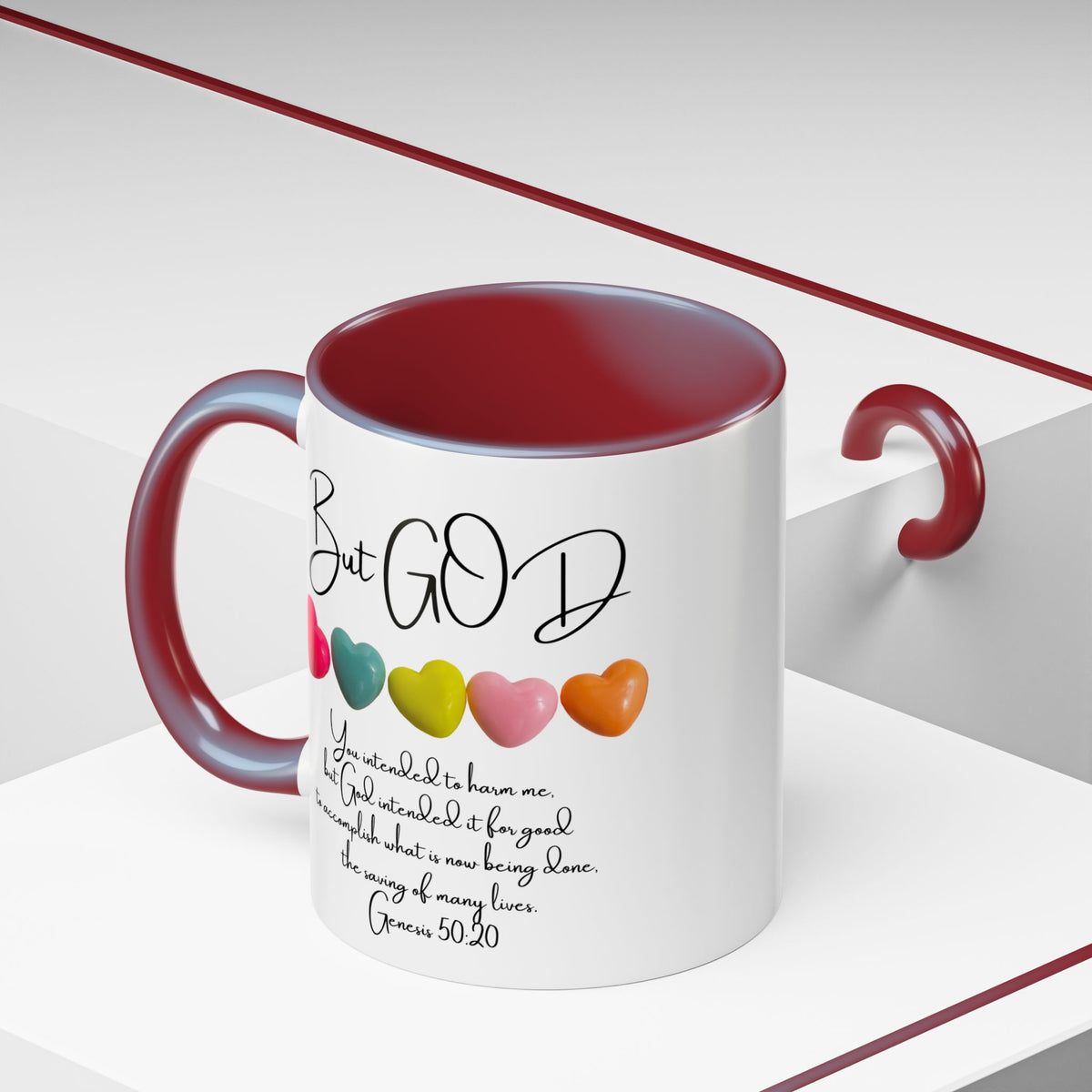 But God Scripture Coffee Mug — Genesis 50:20 Inspirational Heart Accent Mug (11/15oz)