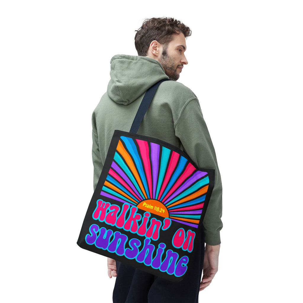 Lords Glory Sunrise Graphic Tote Bag — “Walkin' on Sunshine” Retro Psalm 118:24 Cotton AOP