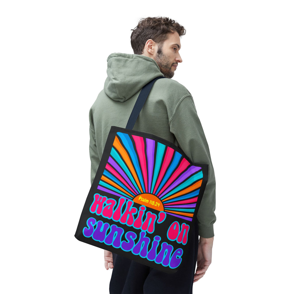 Lords Glory Sunrise Graphic Tote Bag — “Walkin' on Sunshine” Retro Psalm 118:24 Cotton AOP