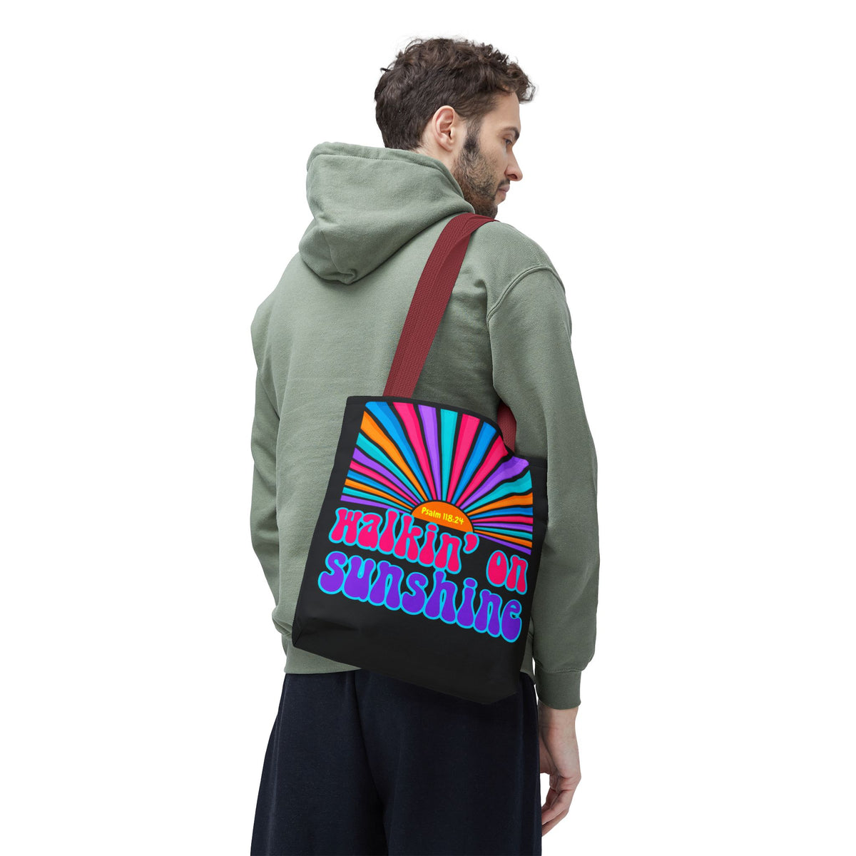 Lords Glory Sunrise Graphic Tote Bag — “Walkin' on Sunshine” Retro Psalm 118:24 Cotton AOP
