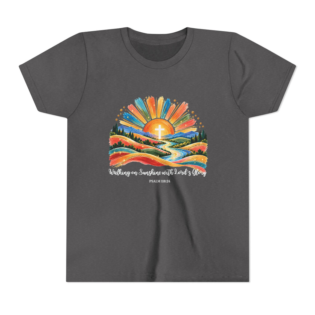 Youth Short Sleeve Tee – Walking On Sunshine with Lords Colorful Christian Sunrise Faith Shirt