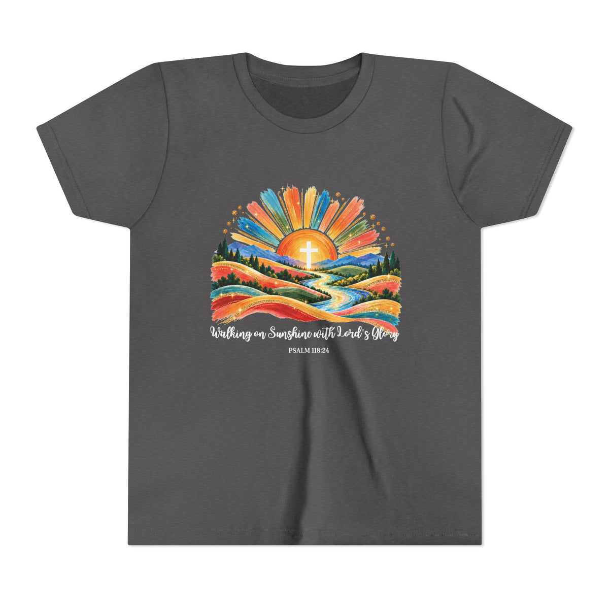 Youth Short Sleeve Tee – Walking On Sunshine with Lords Colorful Christian Sunrise Faith Shirt