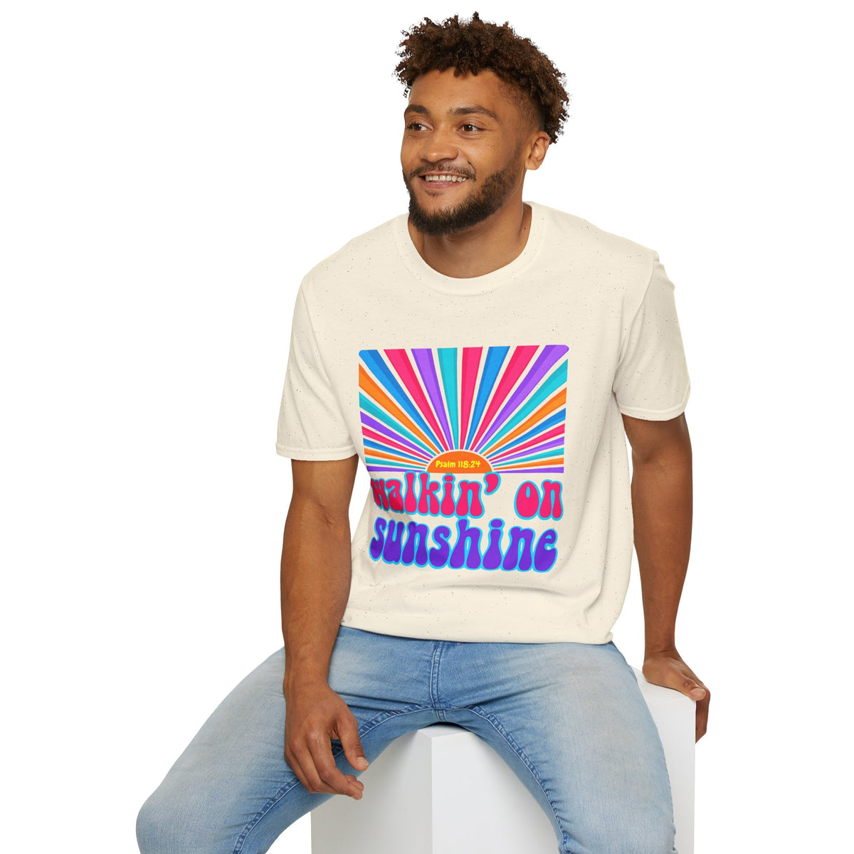Walkin' On Sunshine Lords Glory with Lori Psalm 118:24 Retro T-Shirt — 70s Rainbow Sun Graphic Tee
