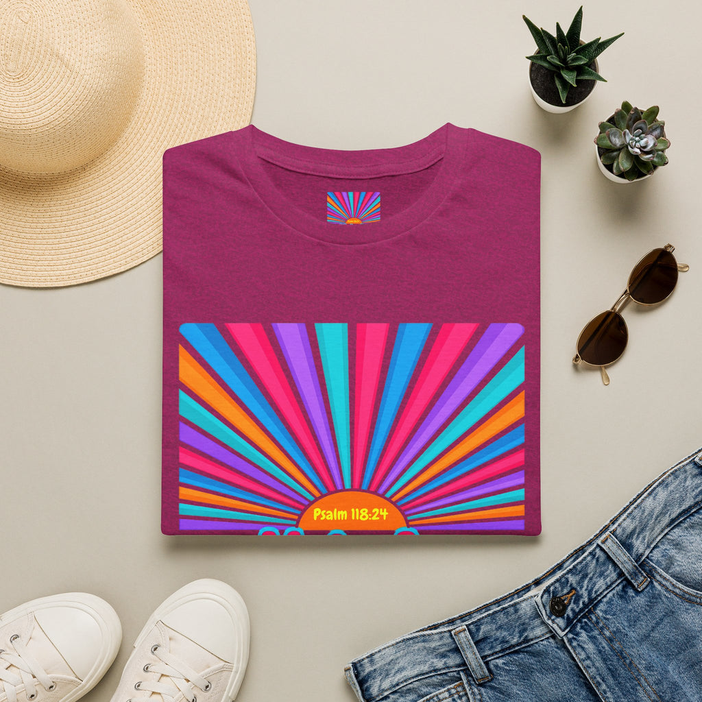 Walkin' On Sunshine Lords Glory with Lori Psalm 118:24 Retro T-Shirt — 70s Rainbow Sun Graphic Tee