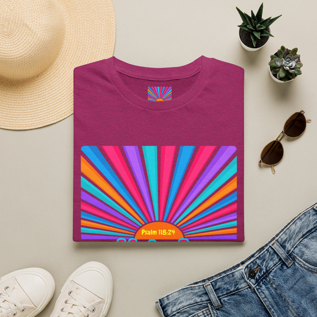 Walkin' On Sunshine Lords Glory with Lori Psalm 118:24 Retro T-Shirt — 70s Rainbow Sun Graphic Tee