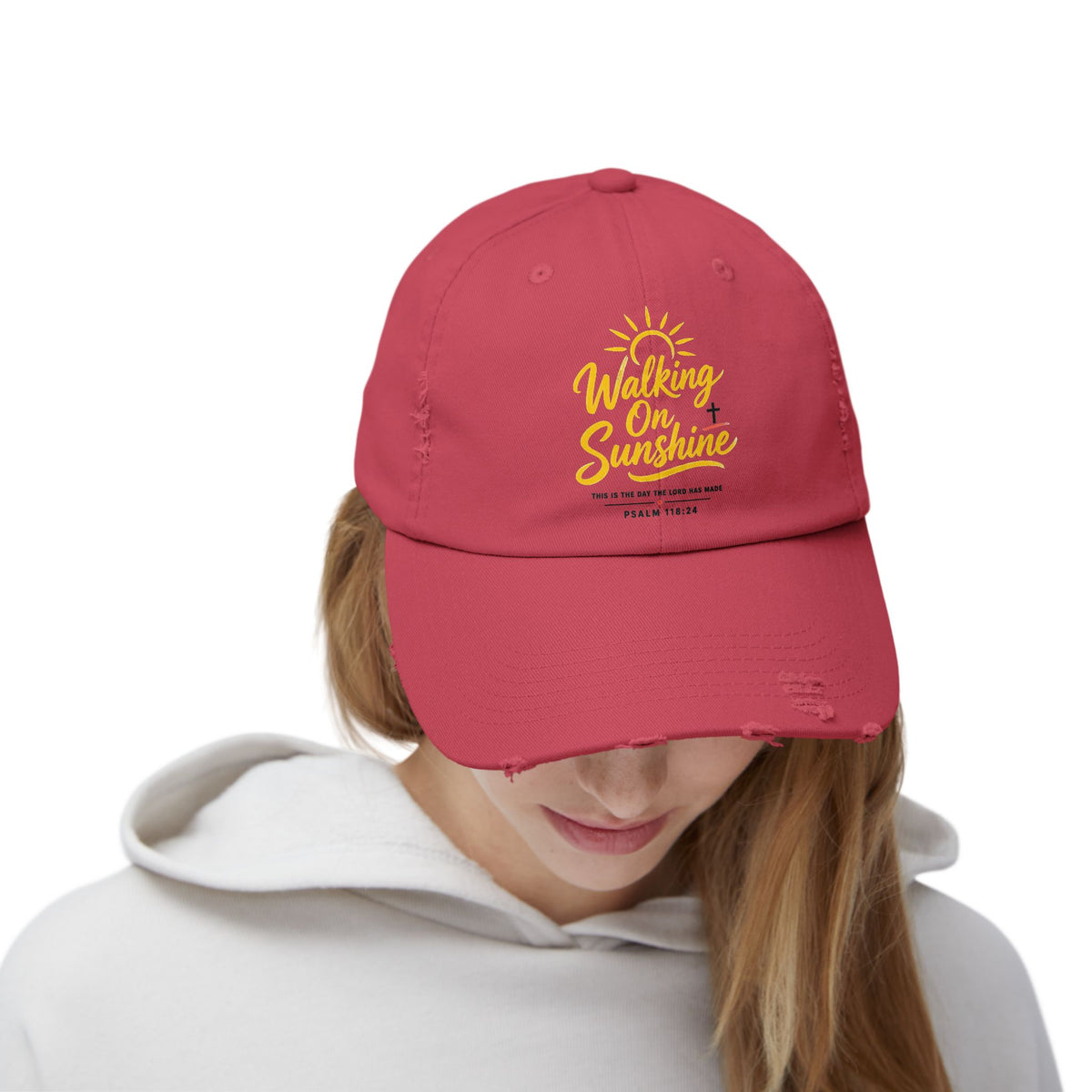 Walking on Sunshine Distressed Cap – Christian Sunshine Baseball Hat (Psalm 118:24)