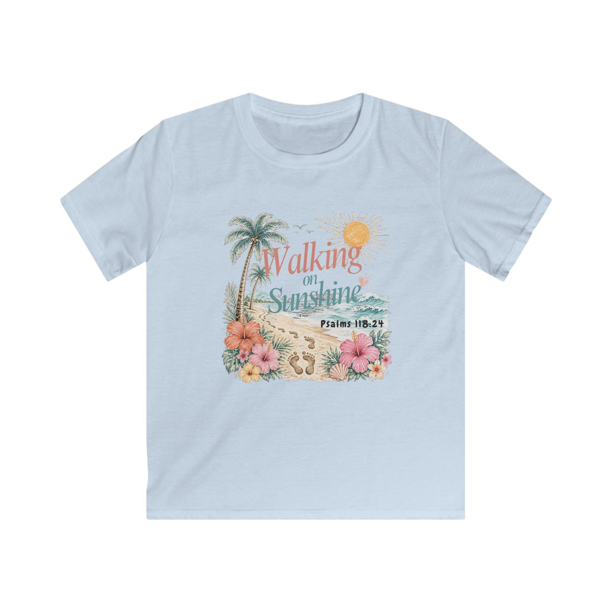 Kids Tee — "Walking in Sunshine" Floral Palm Beach Christian T‑Shirt (Psalm 118:24)