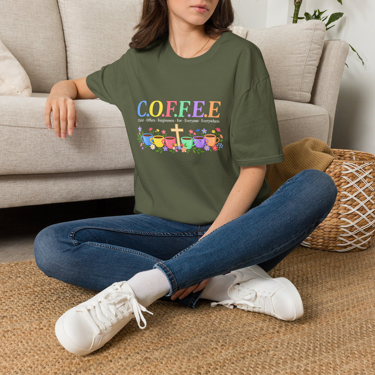 Coffee Lover Floral Graphic - C.o.f.f.e.e. (Christ - Offers - Forgiveness - For Everyone - Everywhere)  Softstyle T-Shirt