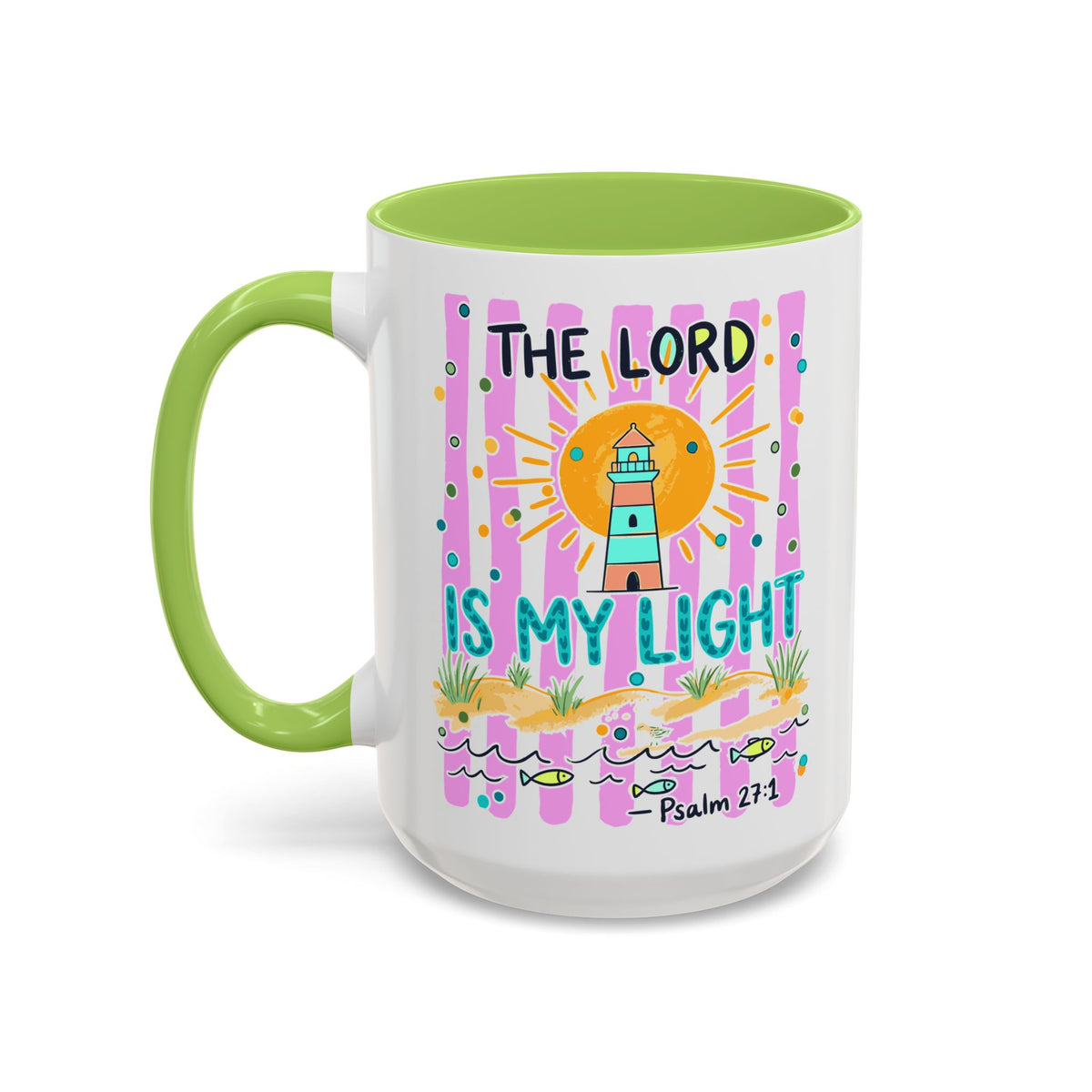 Christian Coffee Mug - "The Lord Is My Light" Lighthouse Psalm 27:1 Accent Mug