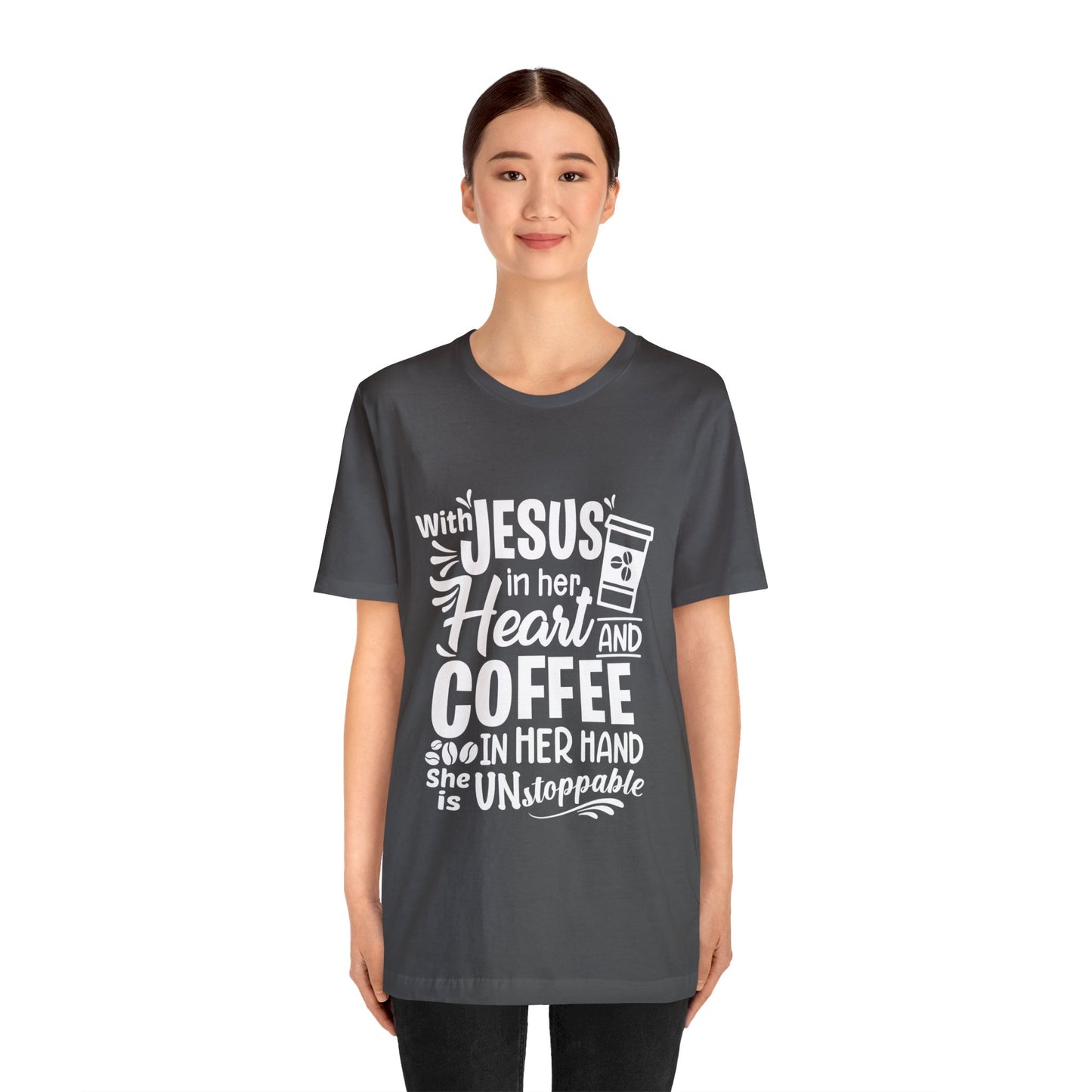 JESUS in Her Heart and Coffee - Woman's Jersey Short Sleeve Tee