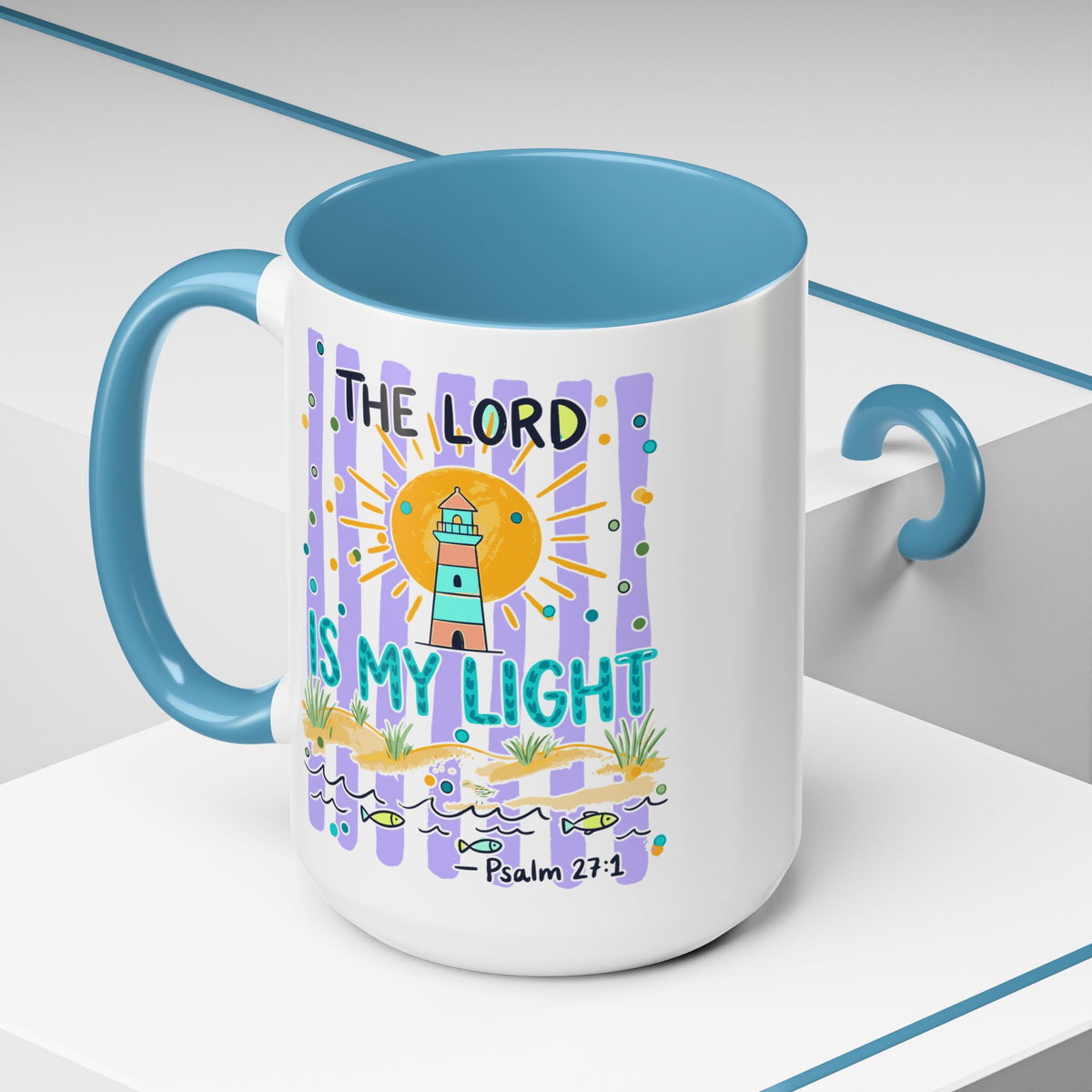 Accent Coffee Mug — “The Lord Is My Light” Lighthouse Bible Verse (Psalm 27:1)