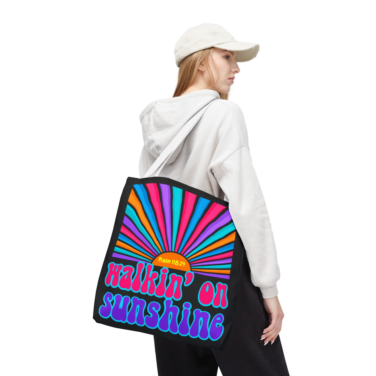 Lords Glory Sunrise Graphic Tote Bag — “Walkin' on Sunshine” Retro Psalm 118:24 Cotton AOP