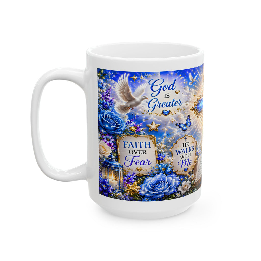 Blue Christian Cross Ceramic Mug with Bible and Floral Design