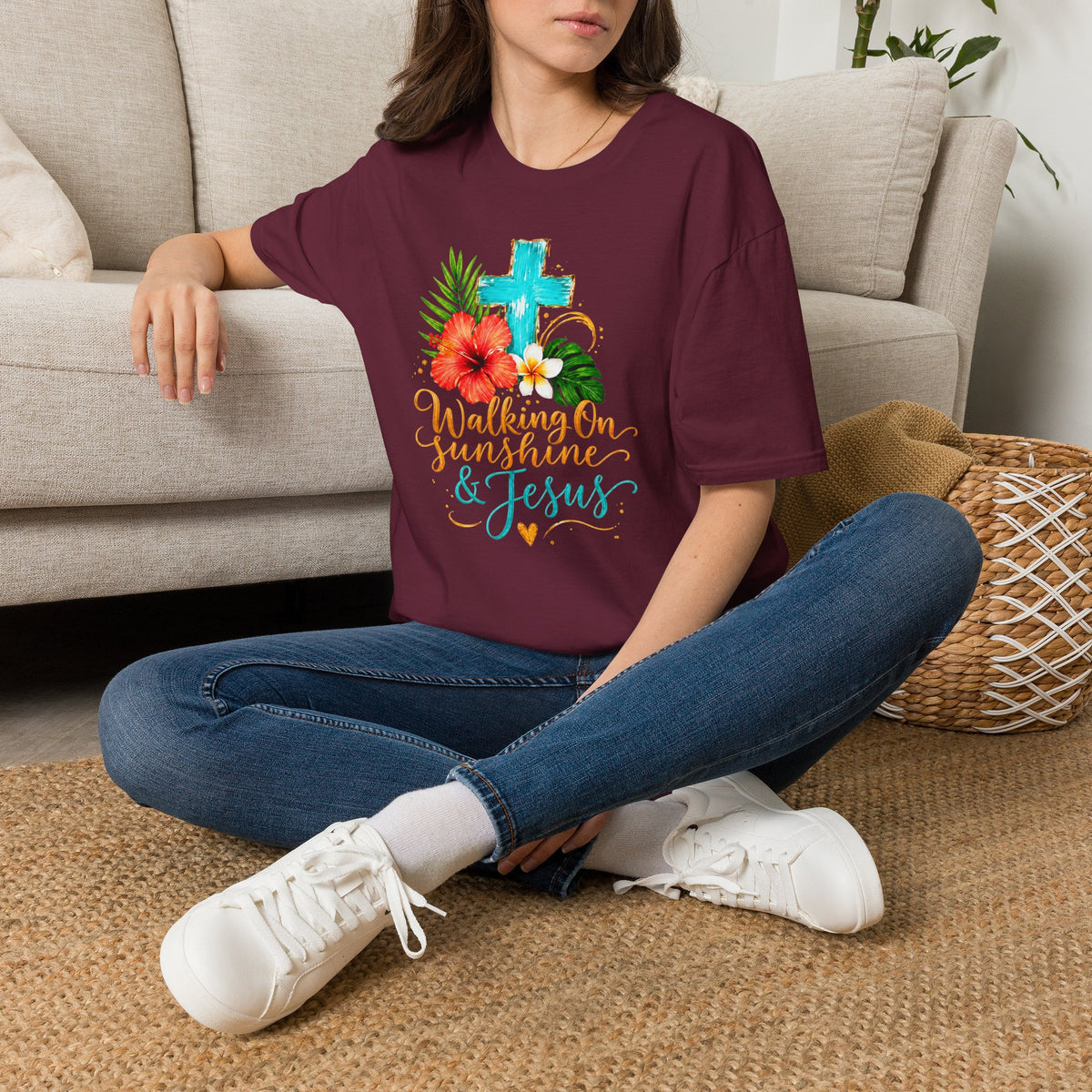 Walking on Sunshine & Jesus Floral Cross T-Shirt