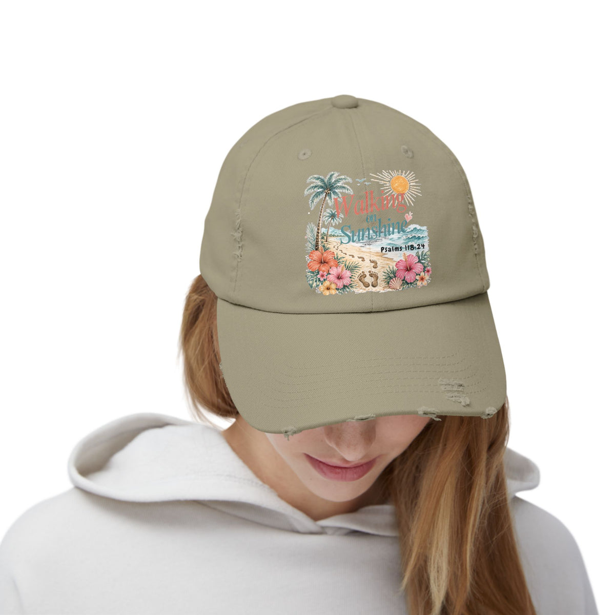 Distressed Cap — "Walk on Sunshine" Tropical Beach Baseball Hat Psalms 118:24
