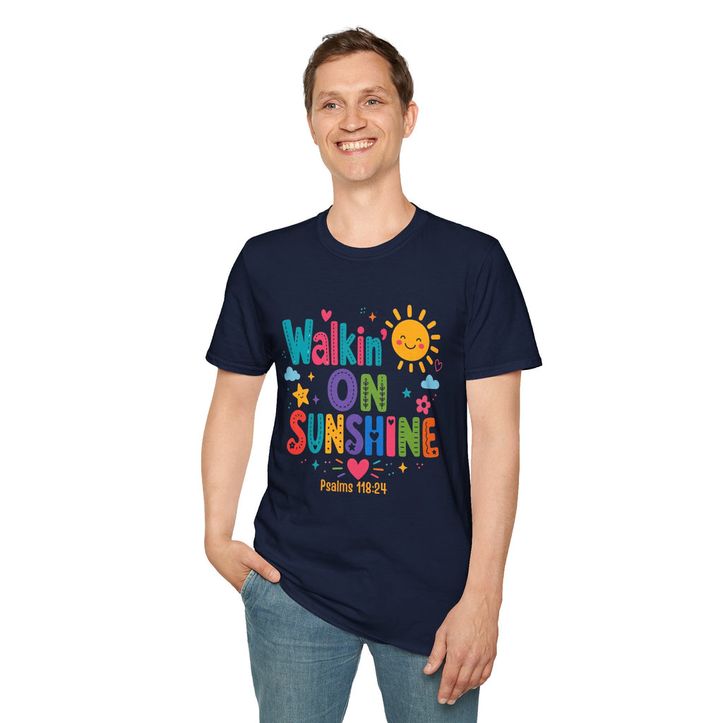 T-Shirt — "Walkin' on Sunshine" Bright Retro Sun Graphic Tee ‭‭Psalms‬ ‭118‬:‭24‬ ‭