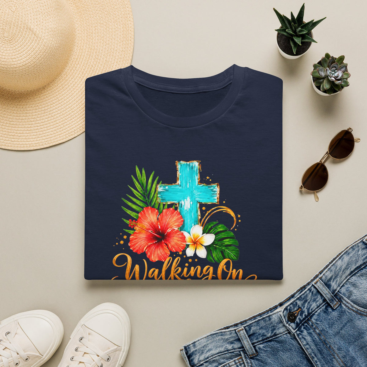 Walking on Sunshine & Jesus Floral Cross T-Shirt