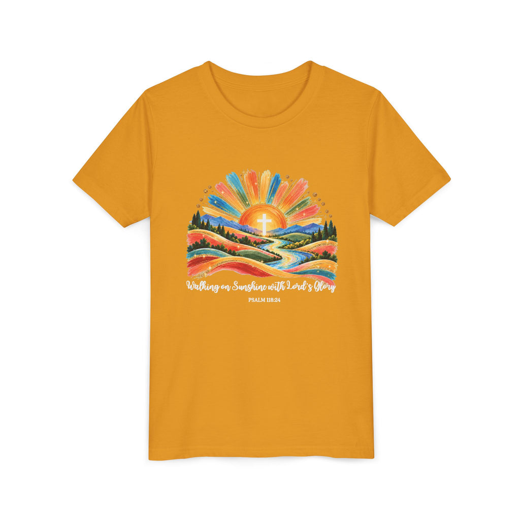 Youth Short Sleeve Tee – Walking On Sunshine with Lords Colorful Christian Sunrise Faith Shirt