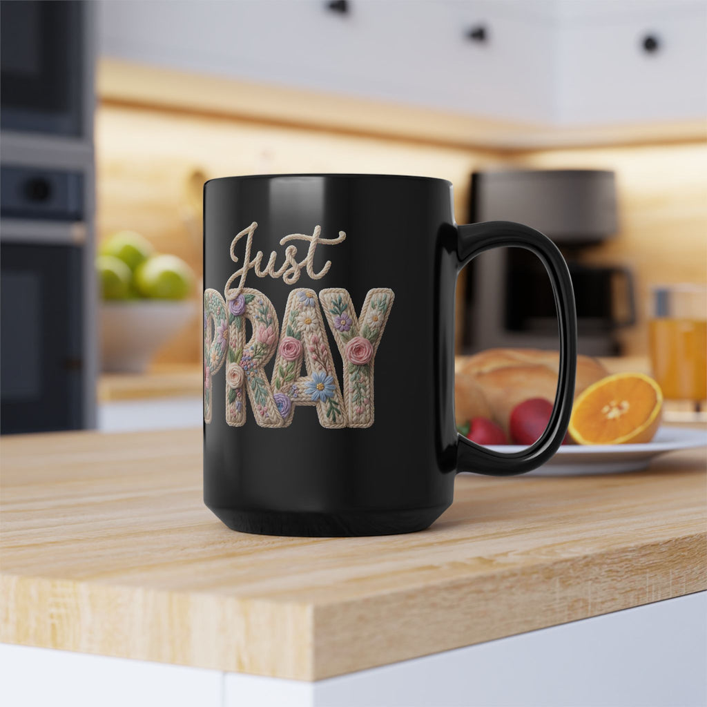 Just Pray floral typography Mug | Black coffee cup