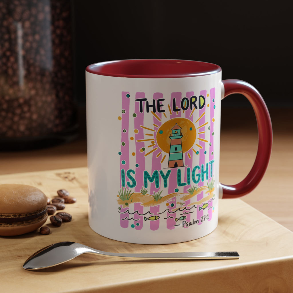 Christian Coffee Mug - "The Lord Is My Light" Lighthouse Psalm 27:1 Accent Mug