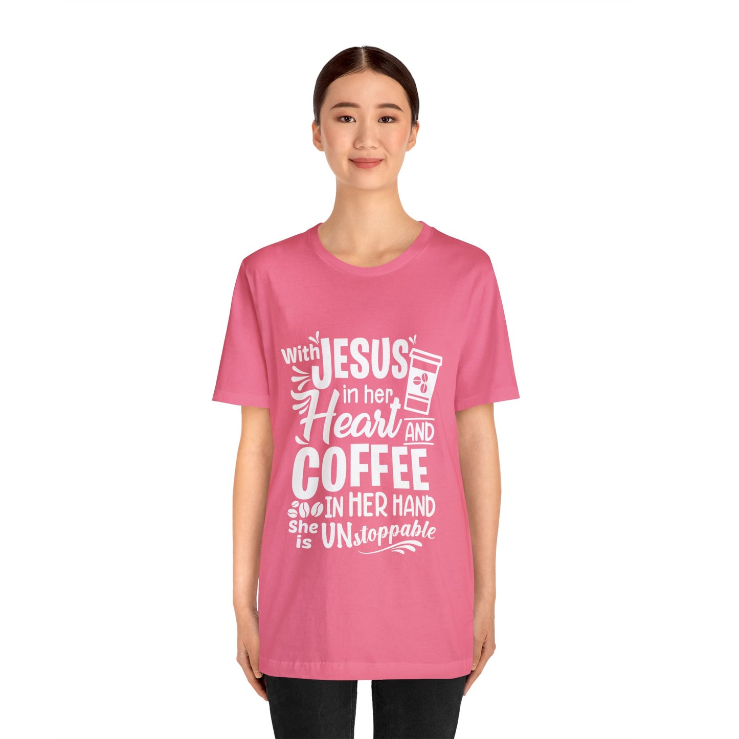 JESUS in Her Heart and Coffee - Woman's Jersey Short Sleeve Tee