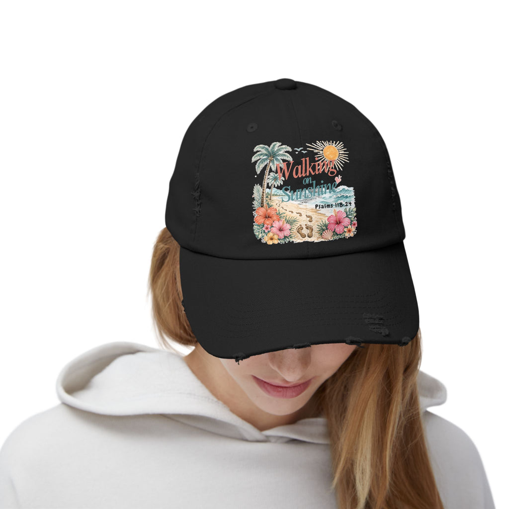 Distressed Cap — "Walk on Sunshine" Tropical Beach Baseball Hat Psalms 118:24