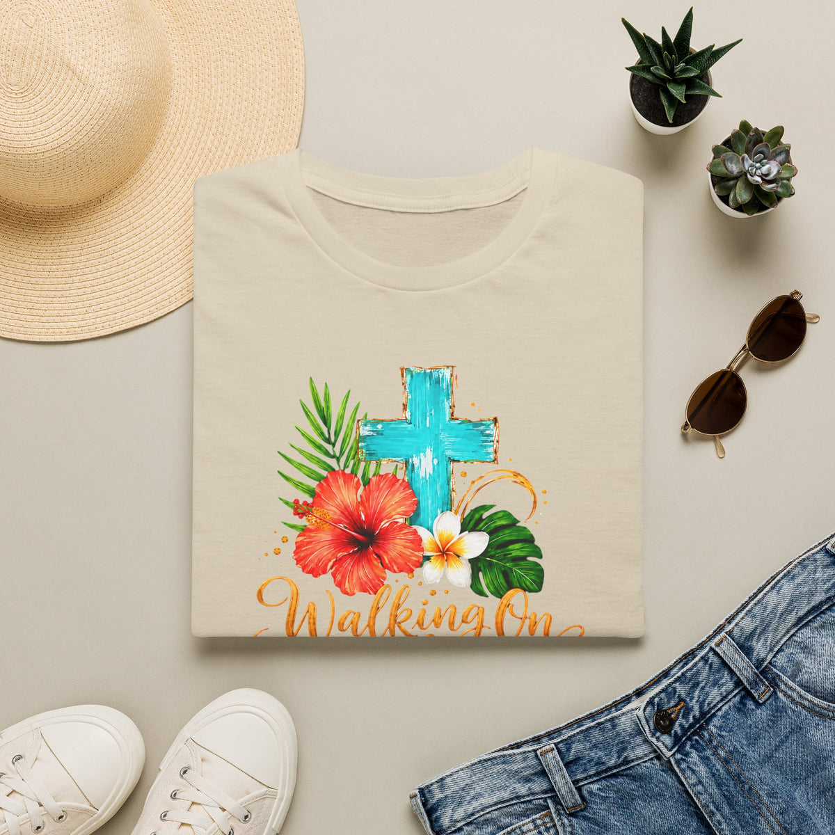 Walking on Sunshine & Jesus Floral Cross T-Shirt