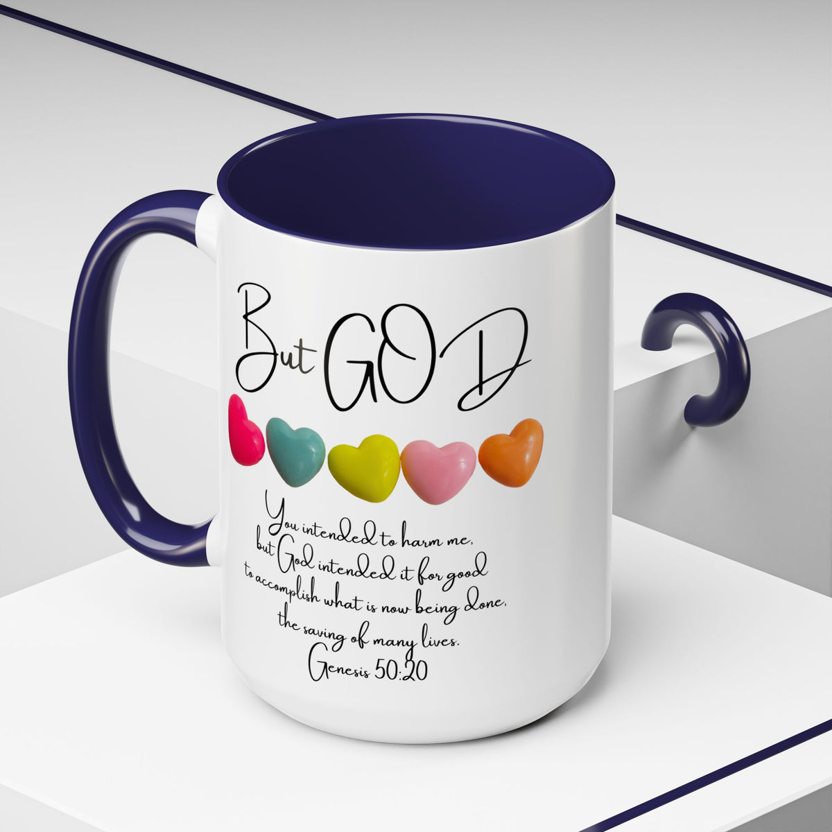 But God Scripture Coffee Mug — Genesis 50:20 Inspirational Heart Accent Mug (11/15oz)