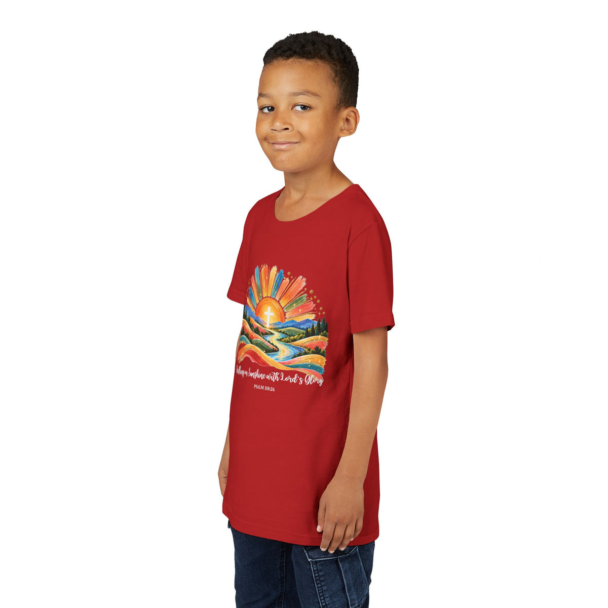 Youth Short Sleeve Tee – Walking On Sunshine with Lords Colorful Christian Sunrise Faith Shirt
