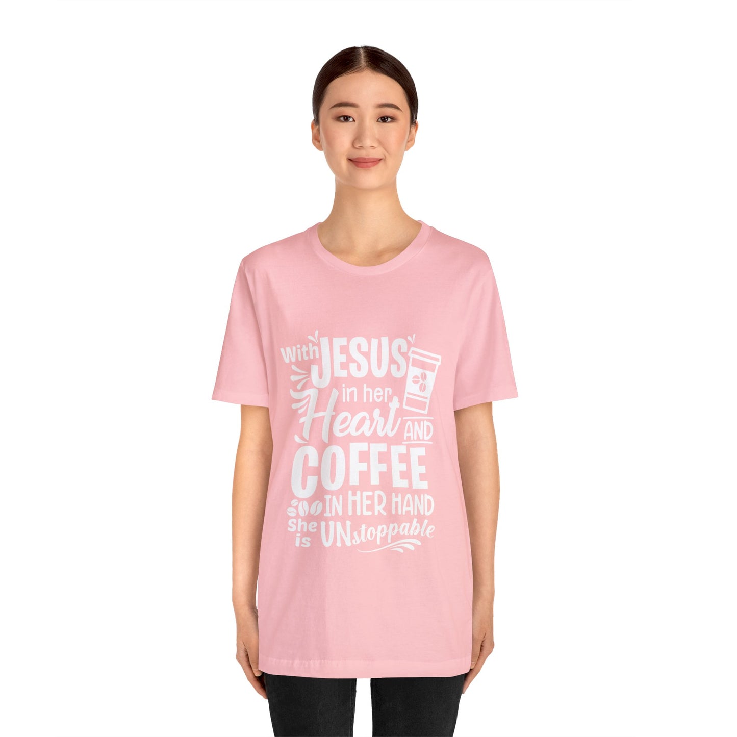 JESUS in Her Heart and Coffee - Woman's Jersey Short Sleeve Tee