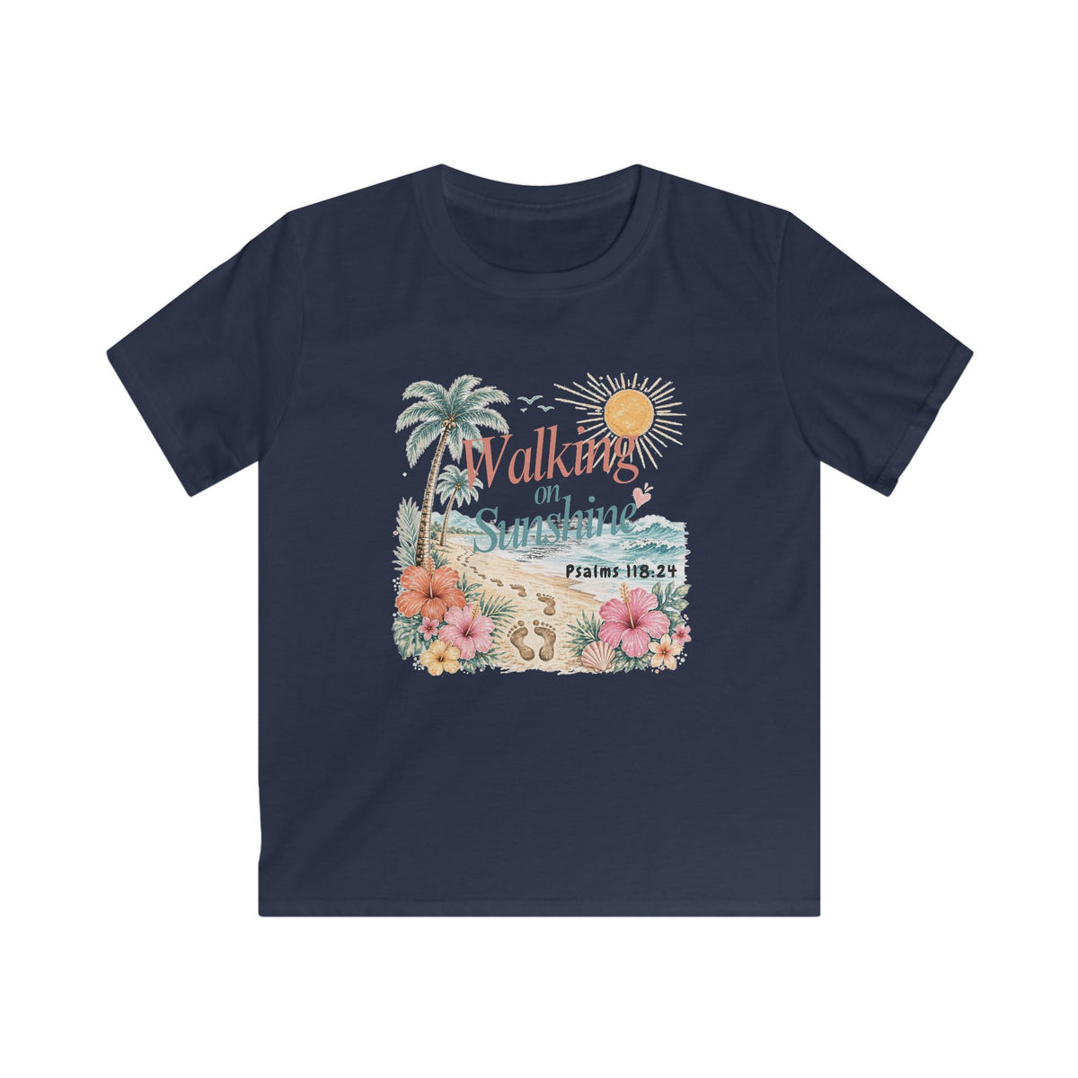 Kids Tee — "Walking in Sunshine" Floral Palm Beach Christian T‑Shirt (Psalm 118:24)