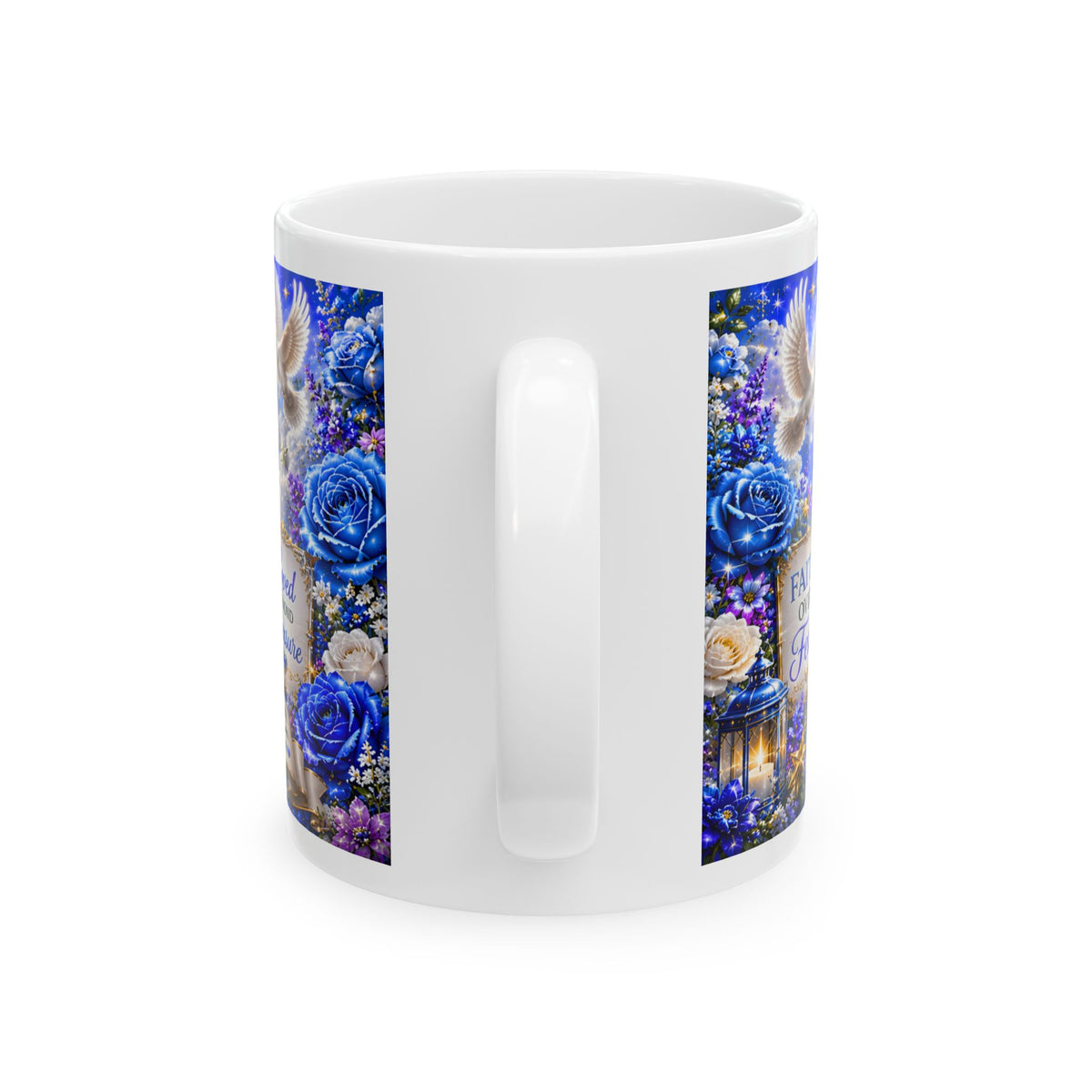 Blue Christian Cross Ceramic Mug with Bible and Floral Design