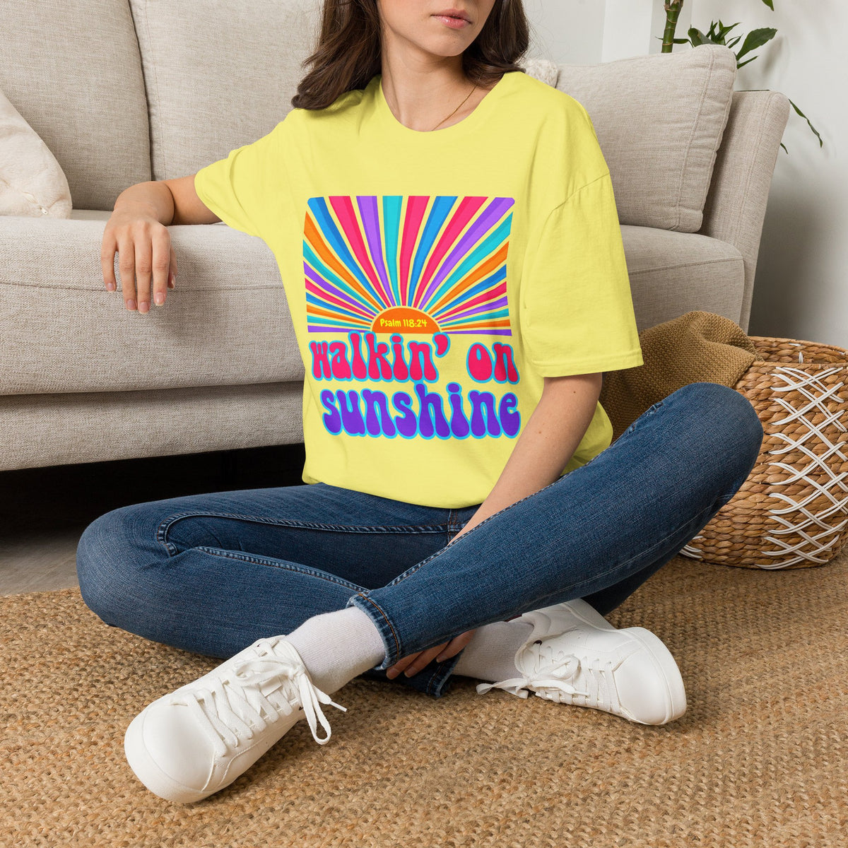 Walkin' On Sunshine Lords Glory with Lori Psalm 118:24 Retro T-Shirt — 70s Rainbow Sun Graphic Tee
