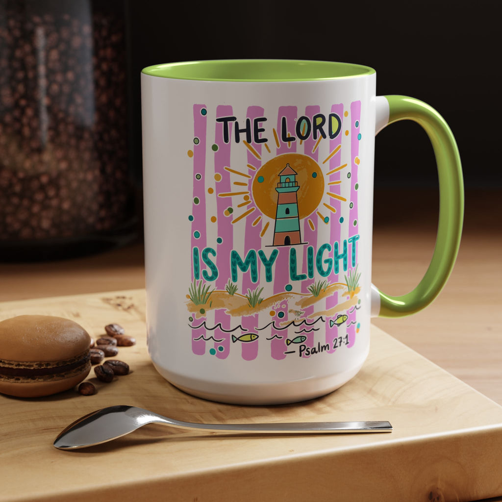 Christian Coffee Mug - "The Lord Is My Light" Lighthouse Psalm 27:1 Accent Mug