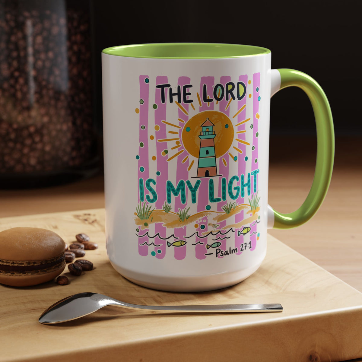 Christian Coffee Mug - "The Lord Is My Light" Lighthouse Psalm 27:1 Accent Mug