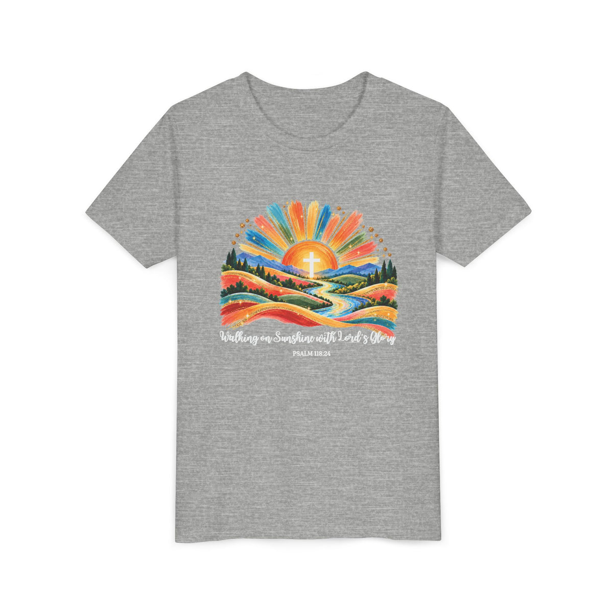 Youth Short Sleeve Tee – Walking On Sunshine with Lords Colorful Christian Sunrise Faith Shirt