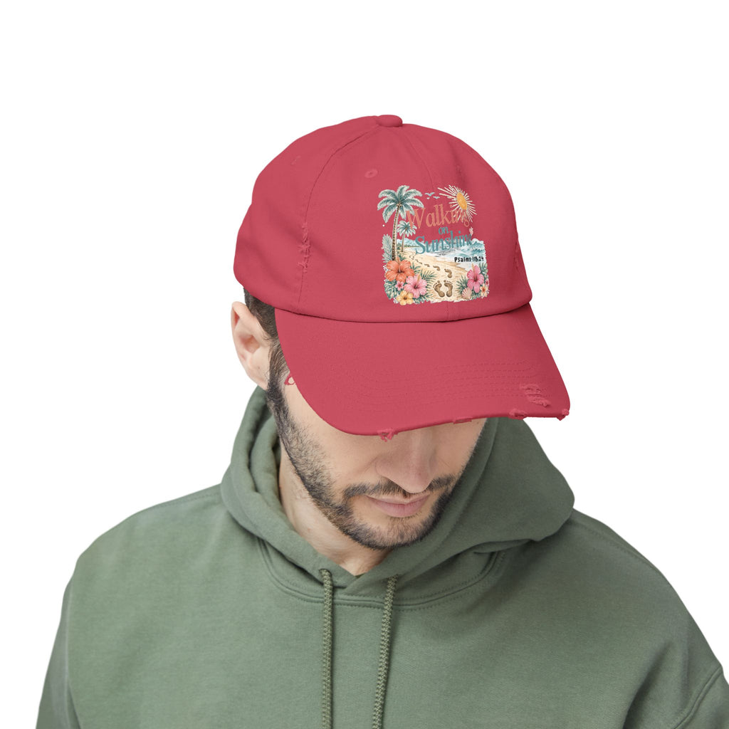 Distressed Cap — "Walk on Sunshine" Tropical Beach Baseball Hat Psalms 118:24