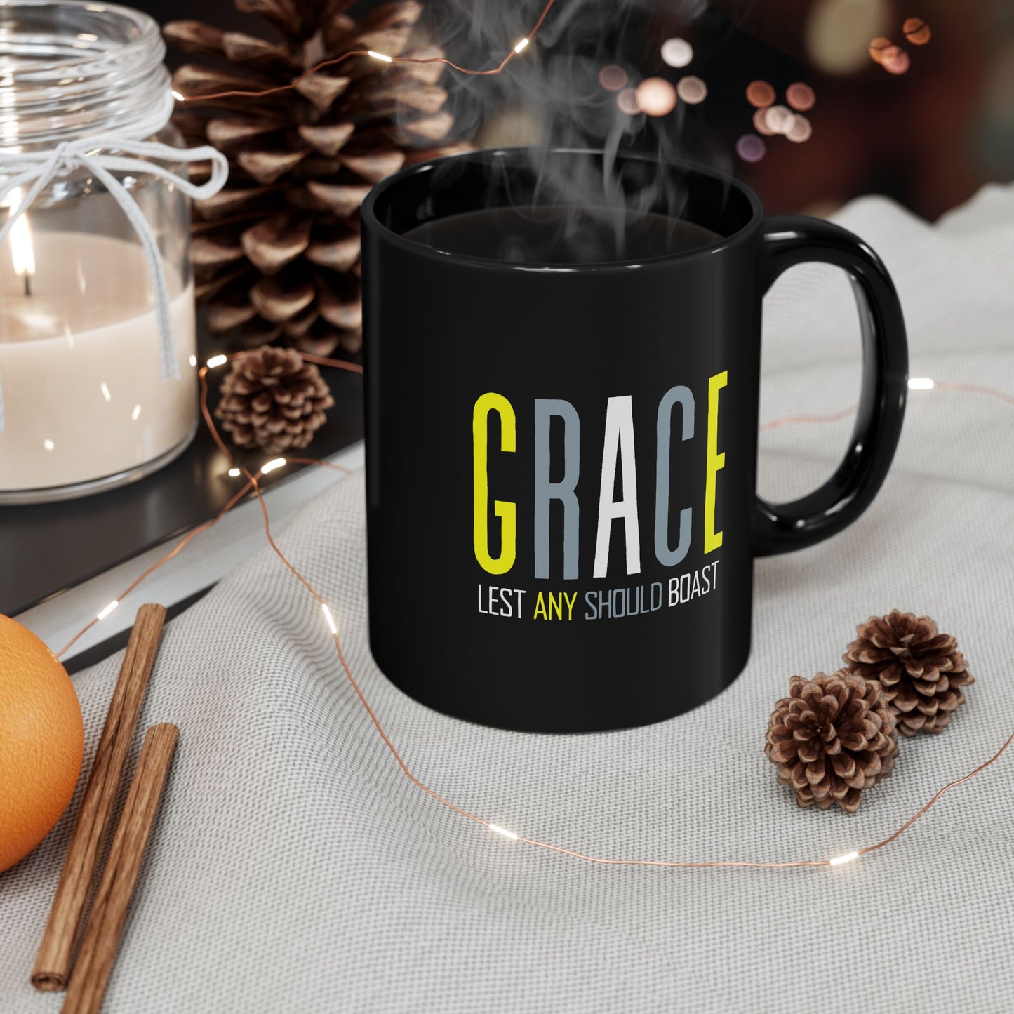 GRACE Lest Any Should Boast - 11oz Black Mug