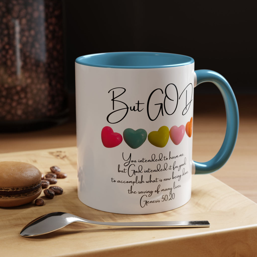 But God Scripture Coffee Mug — Genesis 50:20 Inspirational Heart Accent Mug (11/15oz)