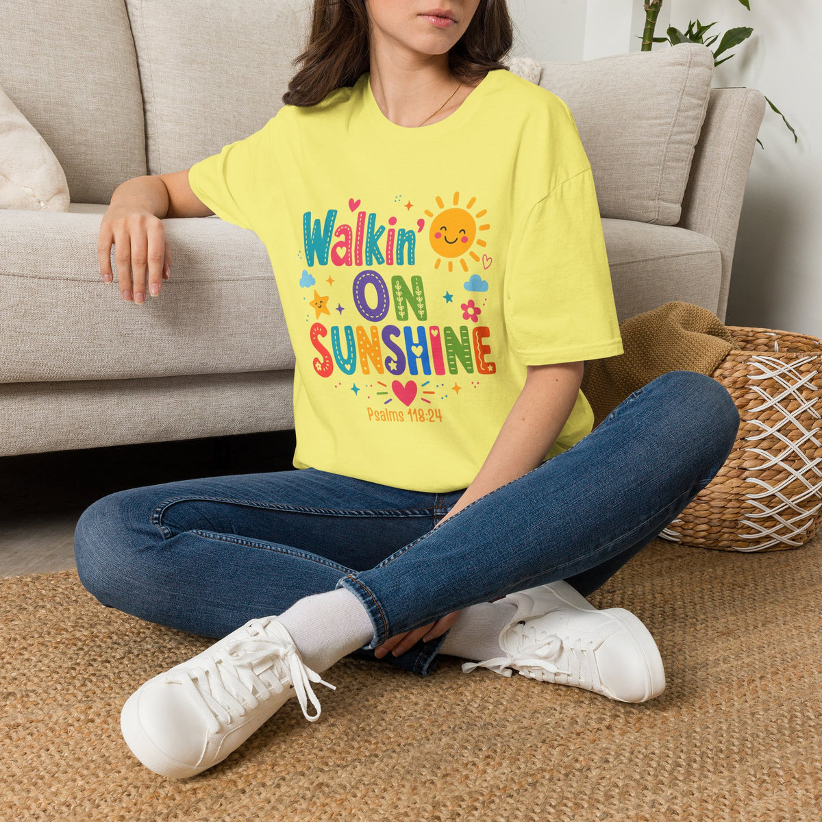 T-Shirt — "Walkin' on Sunshine" Bright Retro Sun Graphic Tee ‭‭Psalms‬ ‭118‬:‭24‬ ‭